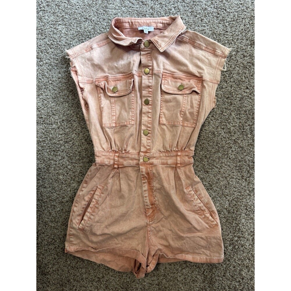 Fate Peach Acid Wash Utility Romper Womens Small Button Front Denim Shorts